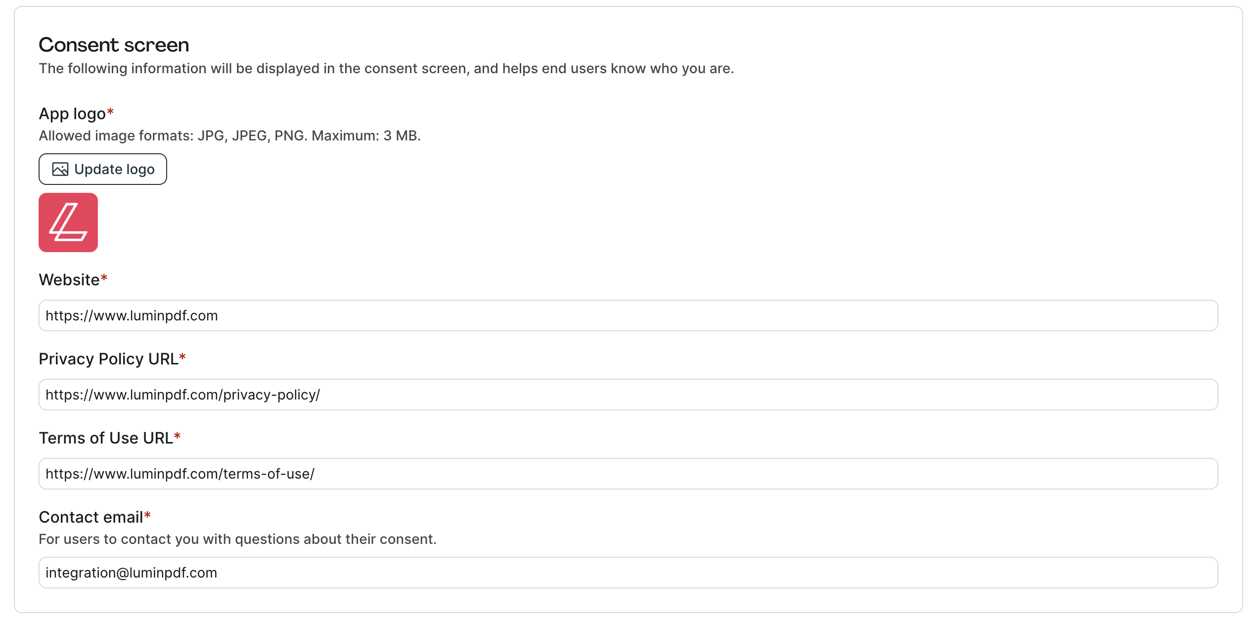 Consent Screen Configuration
